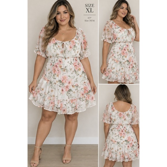 indulge Dresses & Skirts - Indulge Women's Floral Smocked Puff Sleeve Ruffle Mini Dress XL White Pink NWT